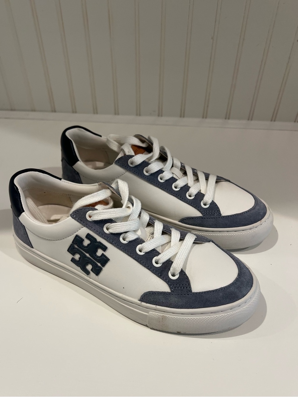 Tory Burch White and Navy Suede-Trim Sneakers